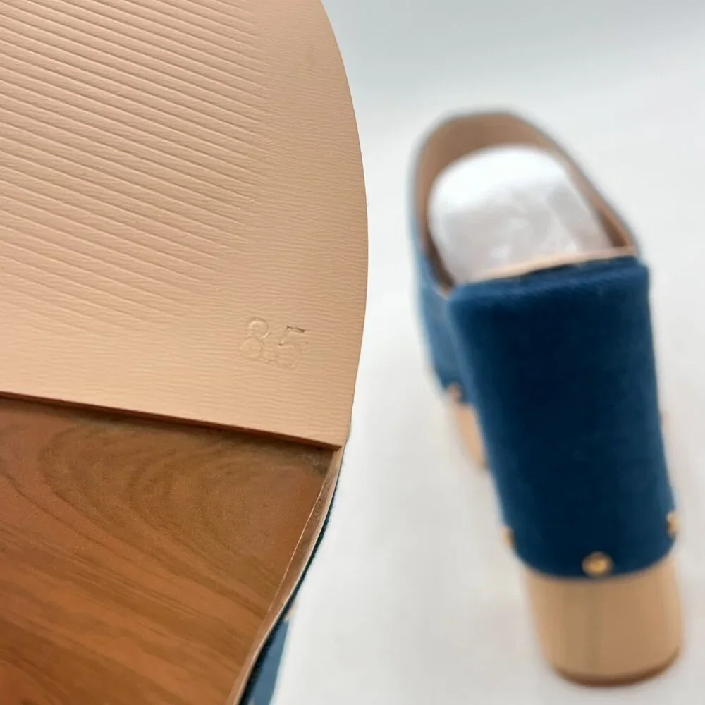 FSJ Blue Denim Round Toe Mules High Chunky Heel Slip On Platform Wooden Sandal - Picture 6 of 8